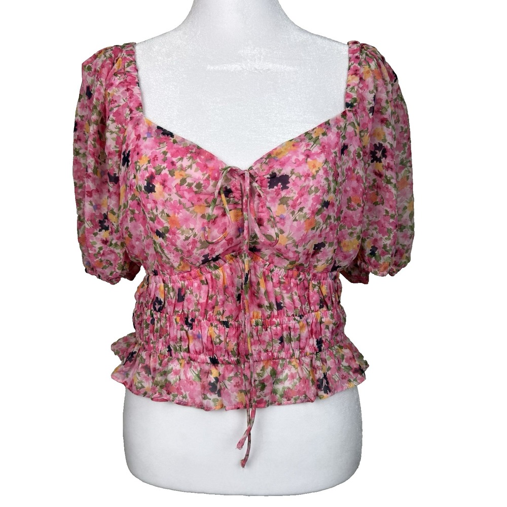 NWT ASTR The Label Top Women Large Floral Cropped Smocked Pink Chic Y2K Milkmaid